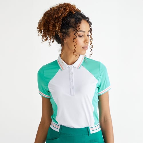 Ali golf polo shirt in white bright aqua womens lifestyle front
