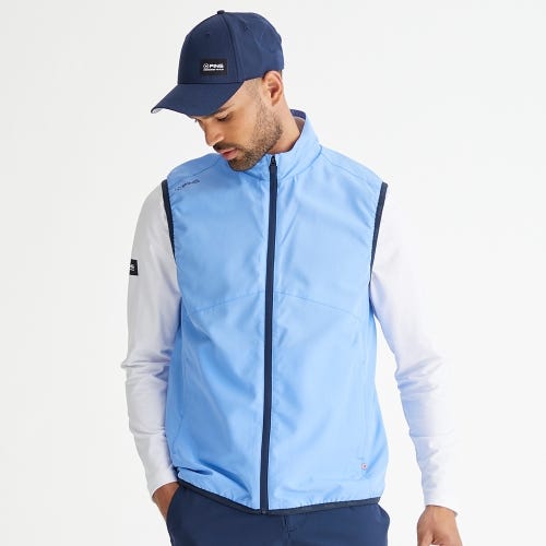 Ashbourne golf vest in cornflower blue mens lifestyle front