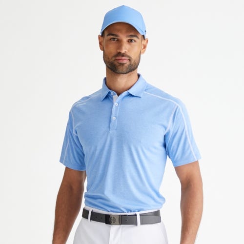 Fynn golf polo shirt in cornflower blue marl mens lifestyle front