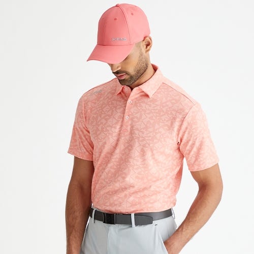 Geo camo golf polo shirt in desert flower mens lifestyle front