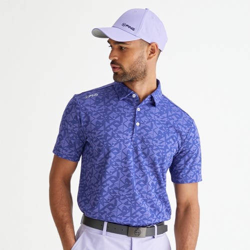 Geo camo golf polo shirt in twilight mens lifestyle front