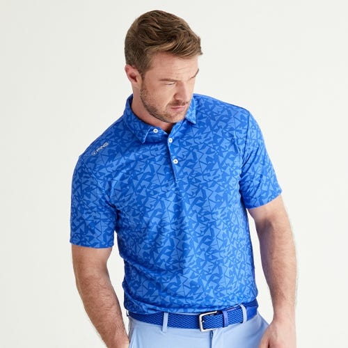 Geo camo golf polo shirt in ultra blue mens lifestyle front