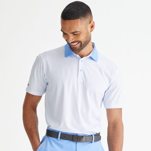 Jared golf polo shirt in white cornflower blue mens lifestyle front