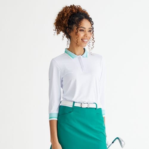 Lindsey golf polo shirt in white bright aqua womens lifestyle front