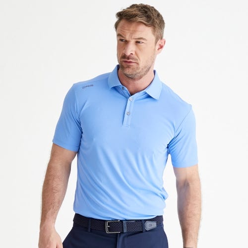 Lindum golf polo shirt in cornflower blue mens lifestyle front