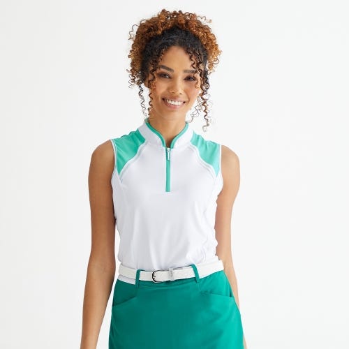 Nala golf polo shirt in white bright aqua womens lifestyle front