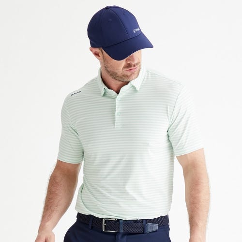 Owain golf polo shirt in misty green white stripe mens lifestyle front