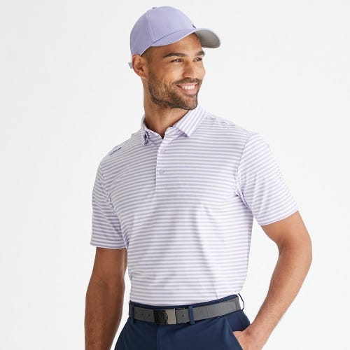 Owain golf polo shirt in purple ash white stripe mens lifestyle front