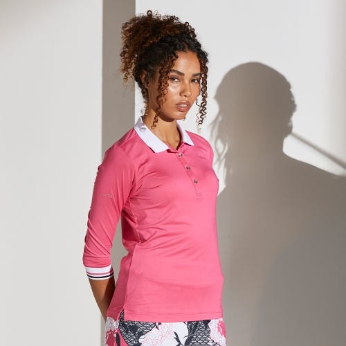Bridget Ladies 3/4 Sleeve Polo Shirt - Pink Blossom/White