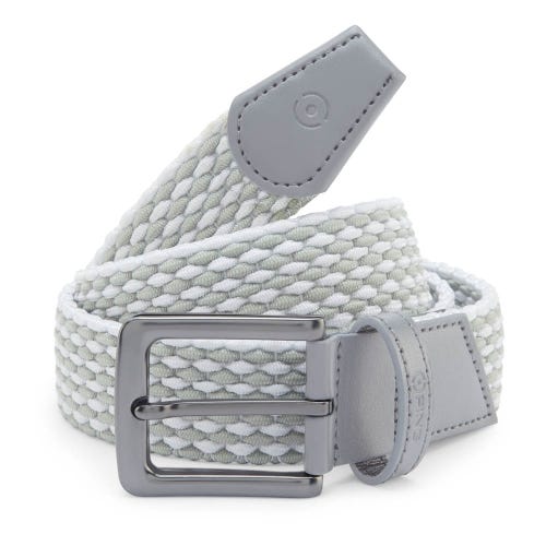 Mens golf stretch webbing belt in pearl grey white front view