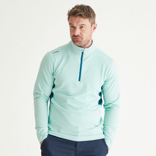 Rhodri golf midlayer in misty green forest mens lifestyle front
