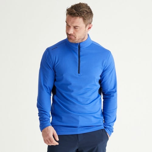 Rhodri golf midlayer in ultra blue navy mens lifestyle front
