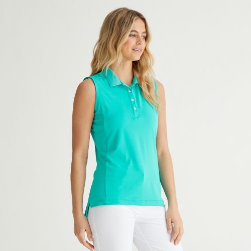 Solene sleeveless golf polo shirt in bright aqua womens lifestyle front