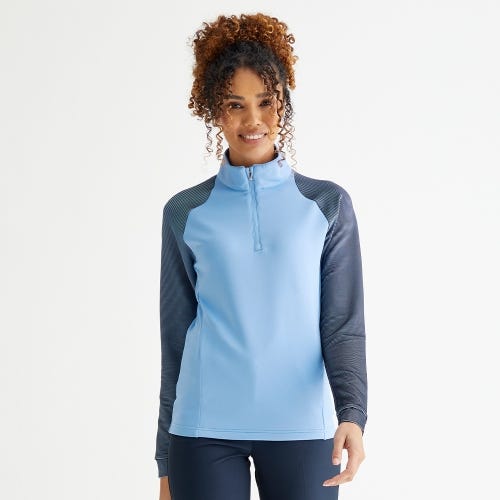Tembi golf midlayer in cornflower blue navy womens lifestyle front