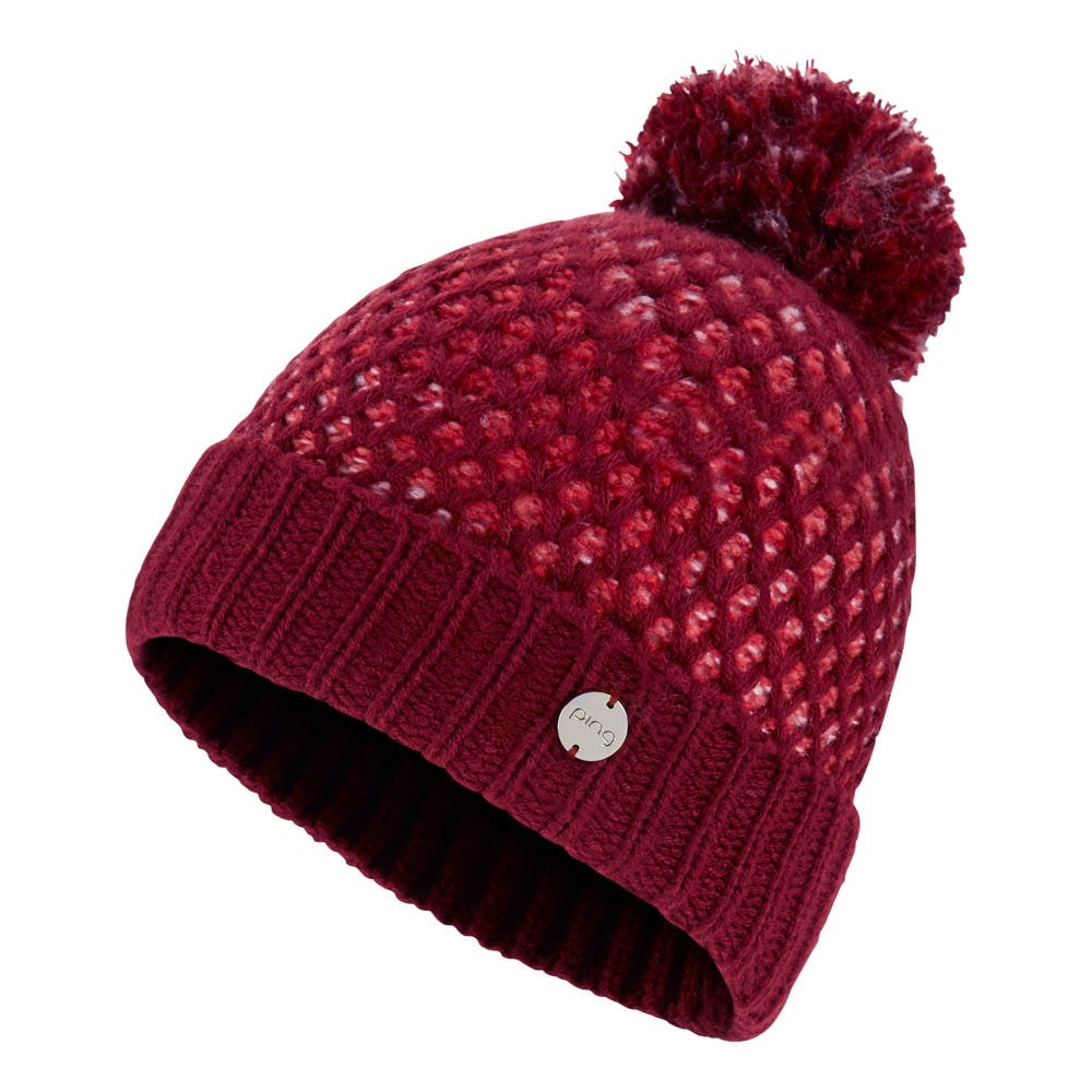 Oti Ladies Textured Knit Bobble Hat in Tibetan Red Multi Ping Europe